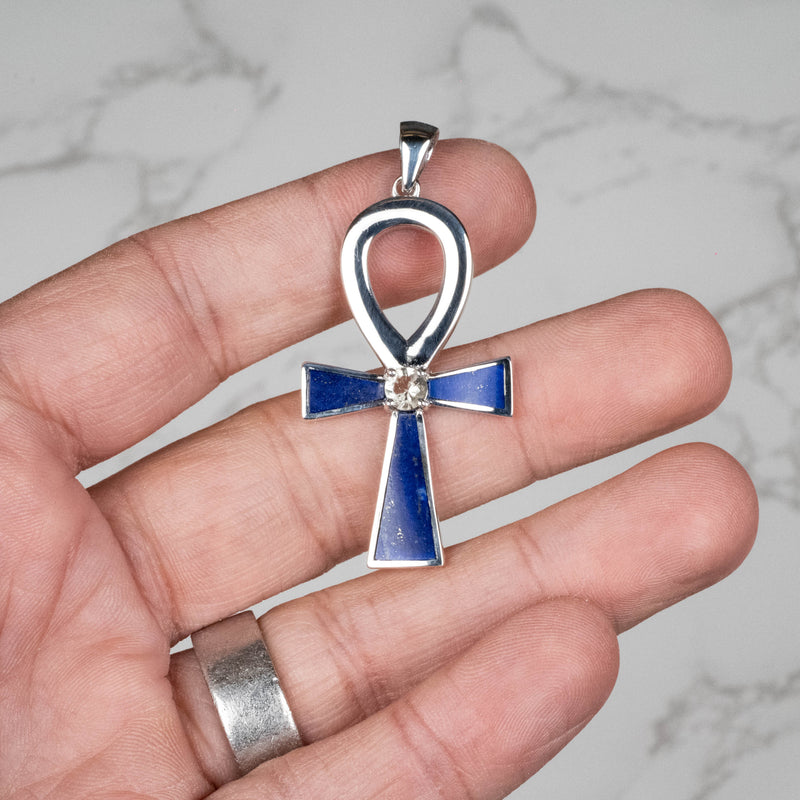 Lapis Lazuli + Libyan Desert Glass Ankh Pendant .925 - InnerVision Crystals