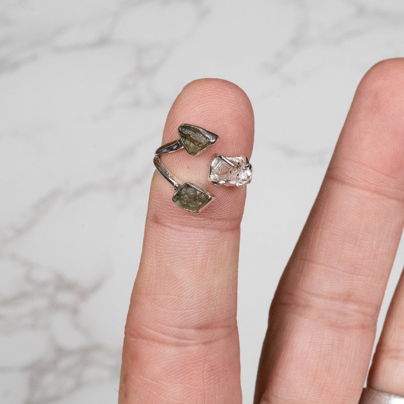 Herkimer Diamond + Moldavite Ring Size 6 .925 - InnerVision Crystals