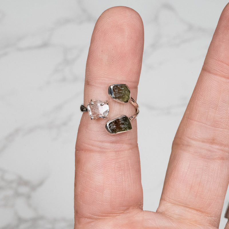 Herkimer Diamond + Moldavite Ring Size 7 .925 - InnerVision Crystals