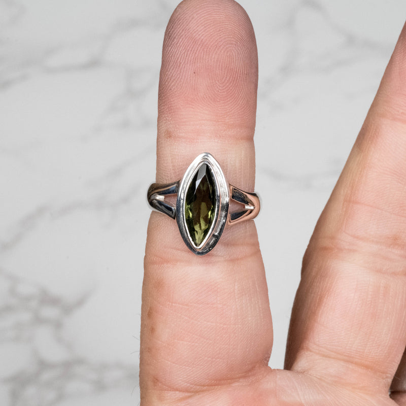 Moldavite Gemstone Ring 15x6mm Size 7.75 .925 - InnerVision Crystals