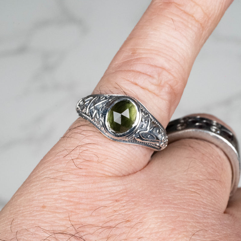 Moldavite 8x6mm Rose Cut - Limited Edition Ring Size 8.5 .925 - InnerVision Crystals