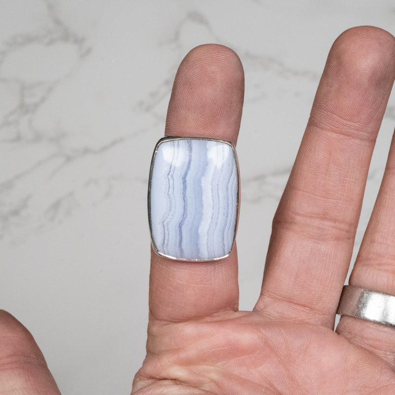 Blue Lace Agate Ring 32x23mm Size 8 Adjustable .925 - InnerVision Crystals