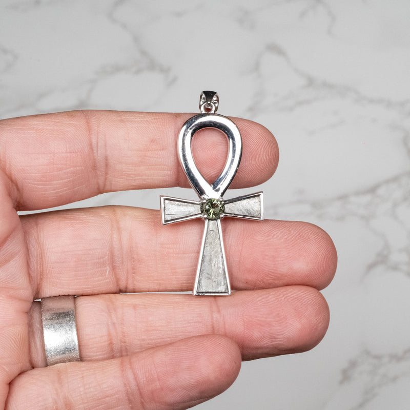 Muonionalusta Meteorite + Moldavite Ankh Pendant .925