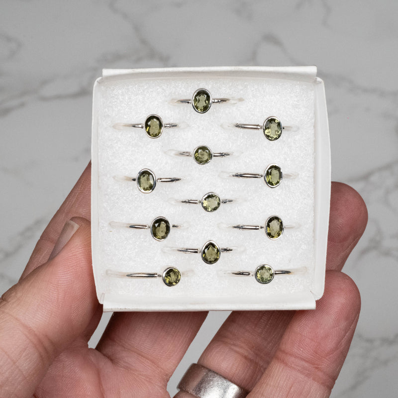 Moldavite Ring Lot (12) 4mm - 5x4mm Size 4 - 10 mixed .925