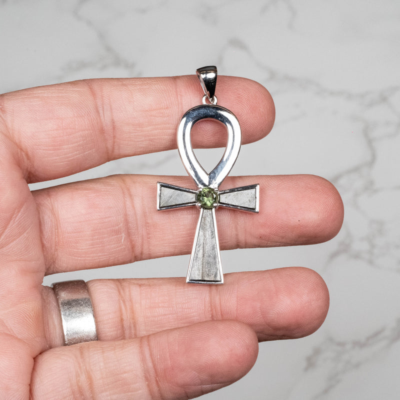 Muonionalusta Meteorite + Moldavite Ankh Pendant .925