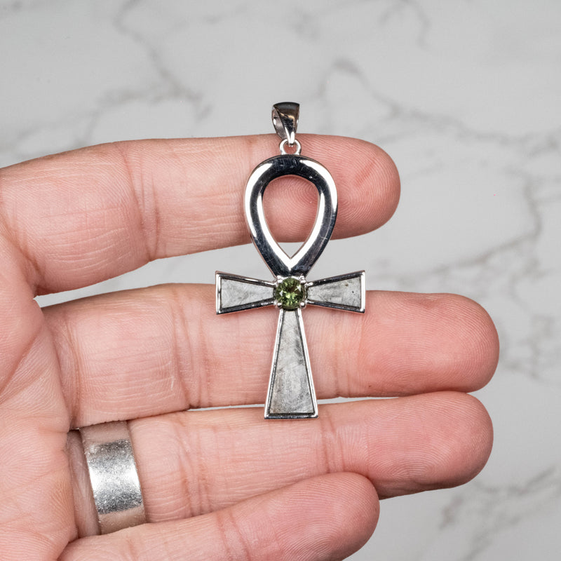 Muonionalusta Meteorite + Moldavite Ankh Pendant .925