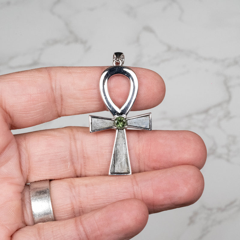 Muonionalusta Meteorite + Moldavite Ankh Pendant .925
