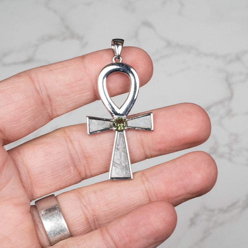 Muonionalusta Meteorite + Moldavite Ankh Pendant .925