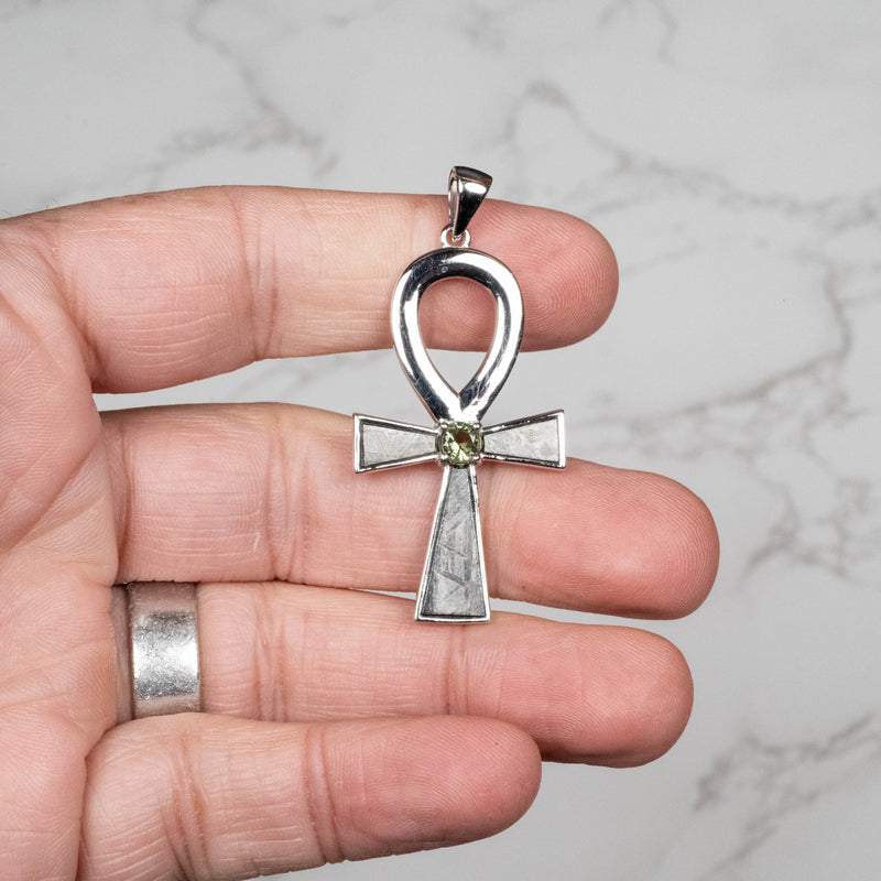 Muonionalusta Meteorite + Moldavite Ankh Pendant .925