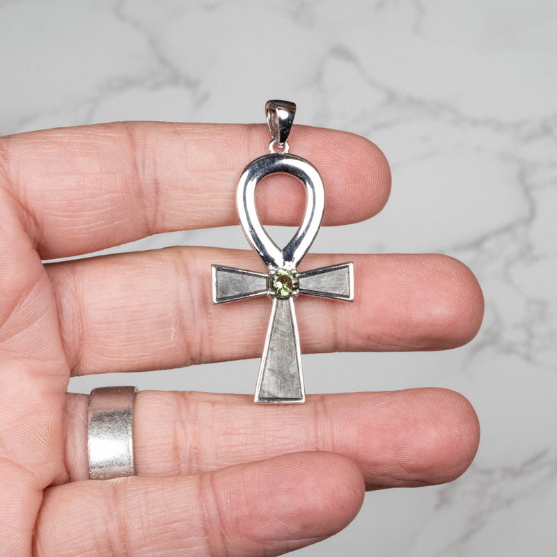 Muonionalusta Meteorite + Moldavite Ankh Pendant .925