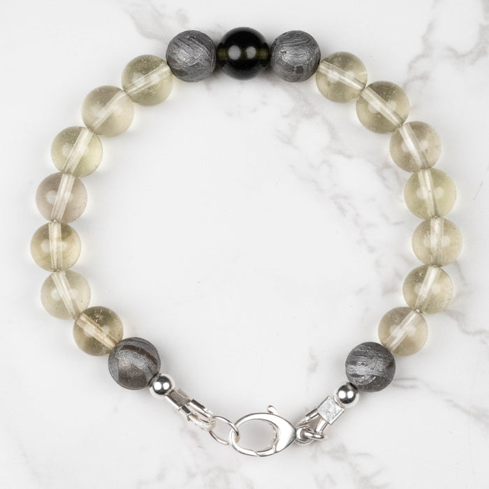 Moldavite + Meteorite + Libyan Desert Glass Bead Bracelet 7.5" .925 Silver