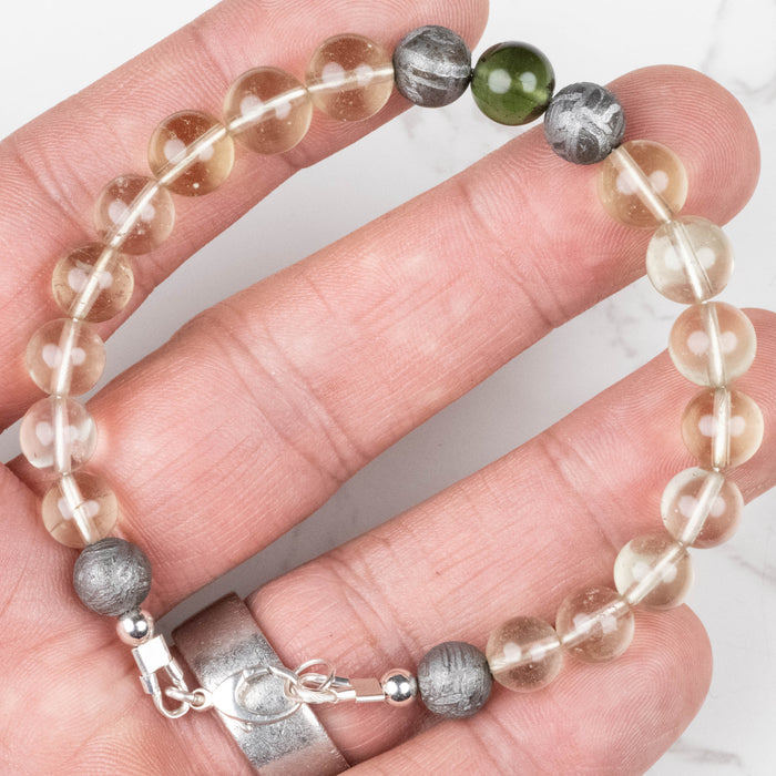 Moldavite + Meteorite + Libyan Desert Glass Bead Bracelet 8" .925 Silver