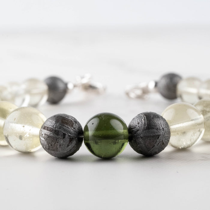 Moldavite + Meteorite + Libyan Desert Glass Bead Bracelet 8" .925 Silver