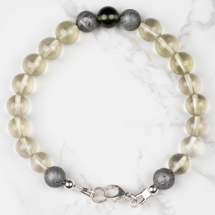 Moldavite + Meteorite + Libyan Desert Glass Bead Bracelet 8" .925 Silver