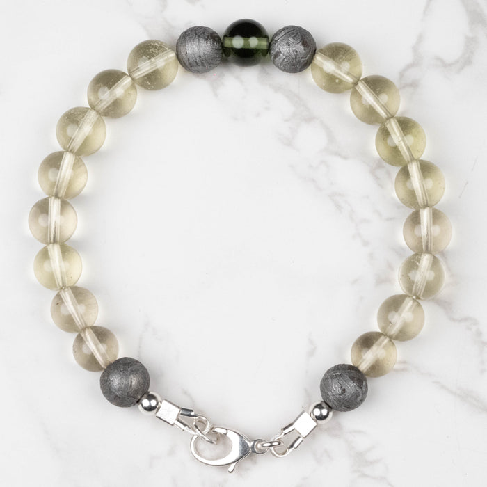 Moldavite + Meteorite + Libyan Desert Glass Bead Bracelet 8" .925 Silver