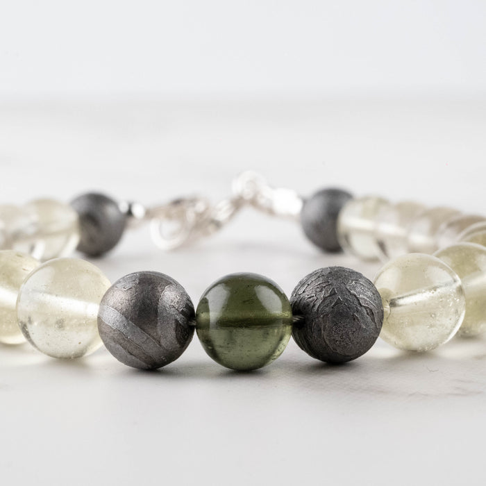 Moldavite + Meteorite + Libyan Desert Glass Bead Bracelet 8" .925 Silver