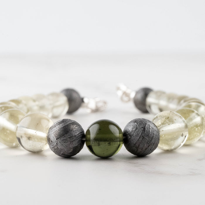 Moldavite + Meteorite + Libyan Desert Glass Bead Bracelet 8" .925 Silver