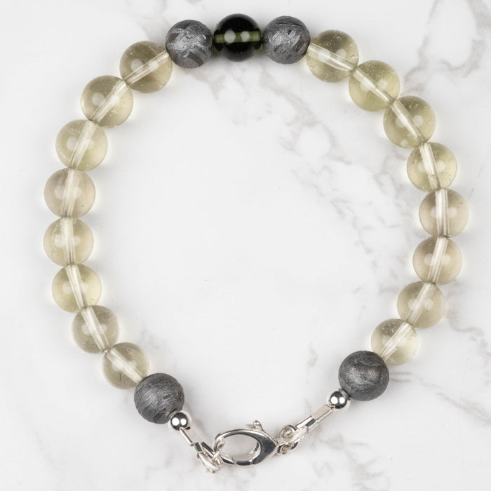 Moldavite + Meteorite + Libyan Desert Glass Bead Bracelet 8" .925 Silver