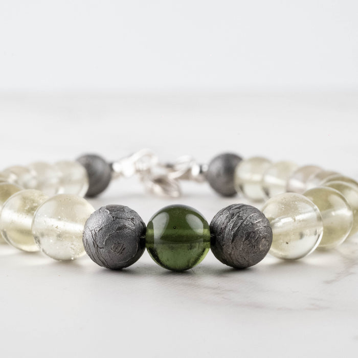 Moldavite + Meteorite + Libyan Desert Glass Bead Bracelet 8" .925 Silver