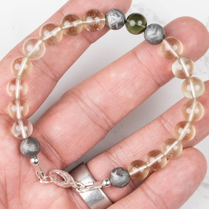 Moldavite + Meteorite + Libyan Desert Glass Bead Bracelet 8" .925 Silver