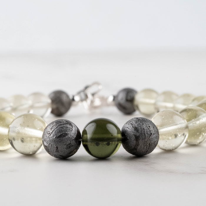 Moldavite + Meteorite + Libyan Desert Glass Bead Bracelet 8" .925 Silver