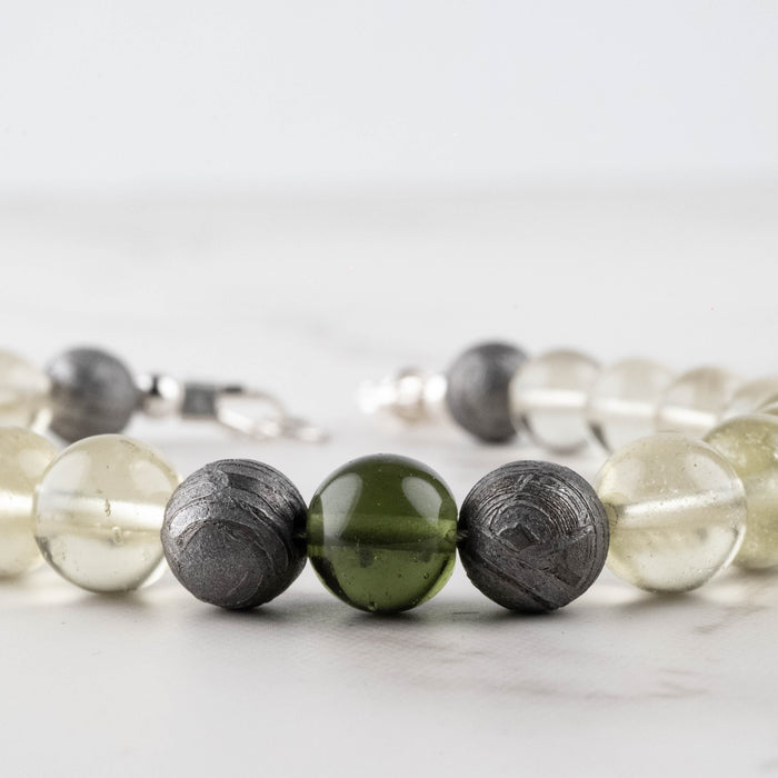 Moldavite + Meteorite + Libyan Desert Glass Bead Bracelet 8" .925 Silver