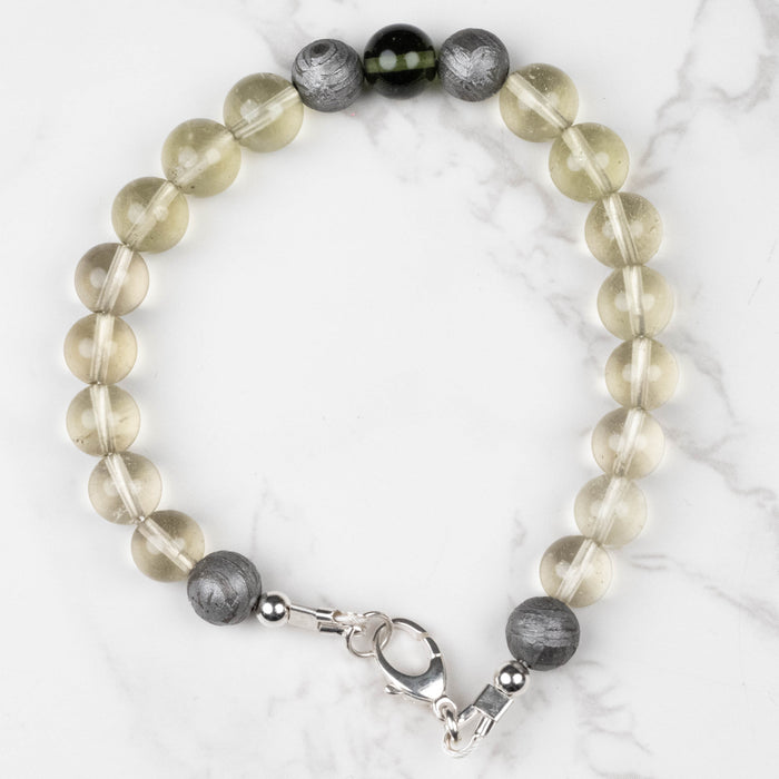 Moldavite + Meteorite + Libyan Desert Glass Bead Bracelet 8" .925 Silver