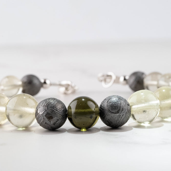 Moldavite + Meteorite + Libyan Desert Glass Bead Bracelet 8" .925 Silver
