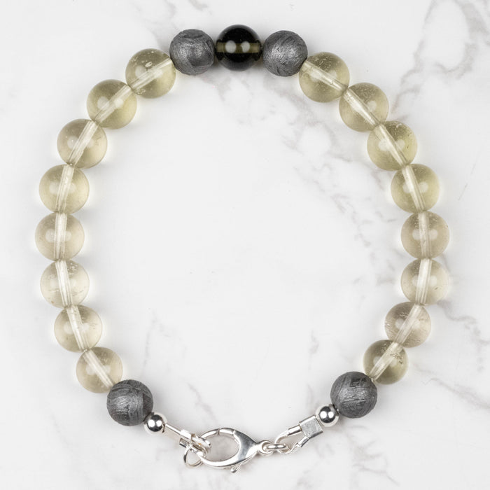 Moldavite + Meteorite + Libyan Desert Glass Bead Bracelet 8" .925 Silver