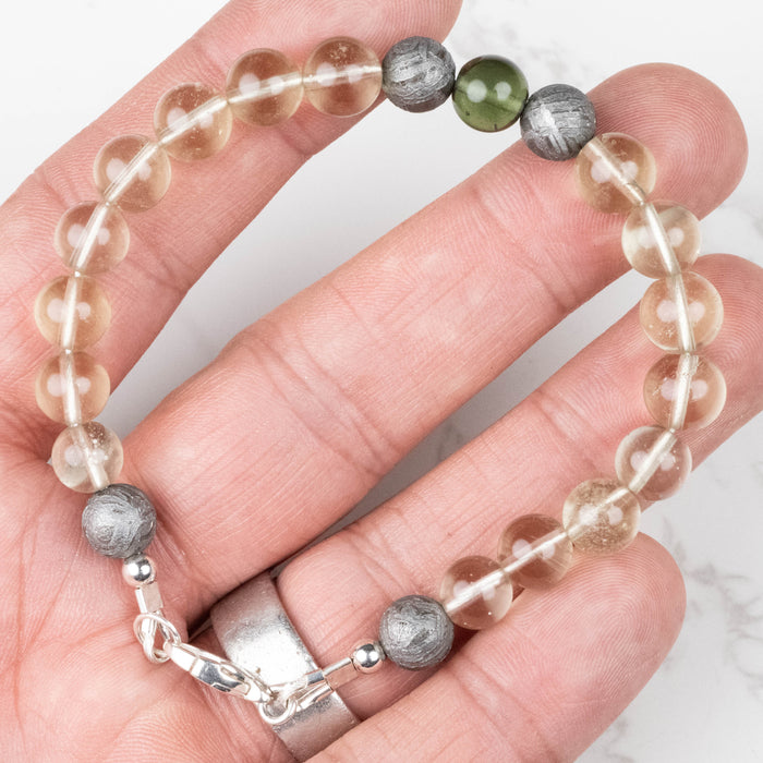 Moldavite + Meteorite + Libyan Desert Glass Bead Bracelet 8" .925 Silver