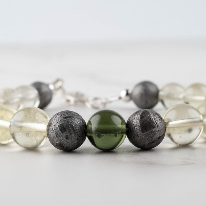 Moldavite + Meteorite + Libyan Desert Glass Bead Bracelet 8" .925 Silver