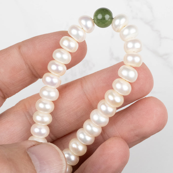 Pearl + Moldavite Bead Bracelet 8" .925 Silver