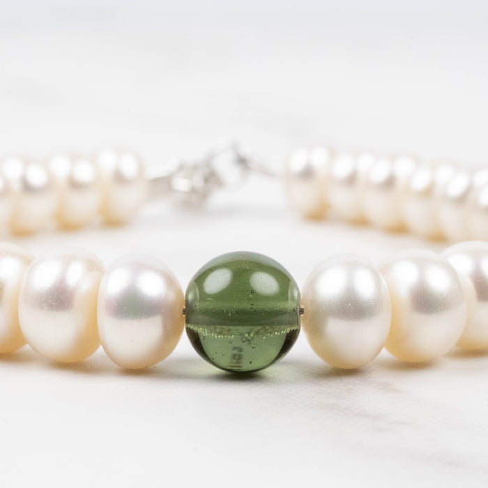 Pearl + Moldavite Bead Bracelet 8" .925 Silver