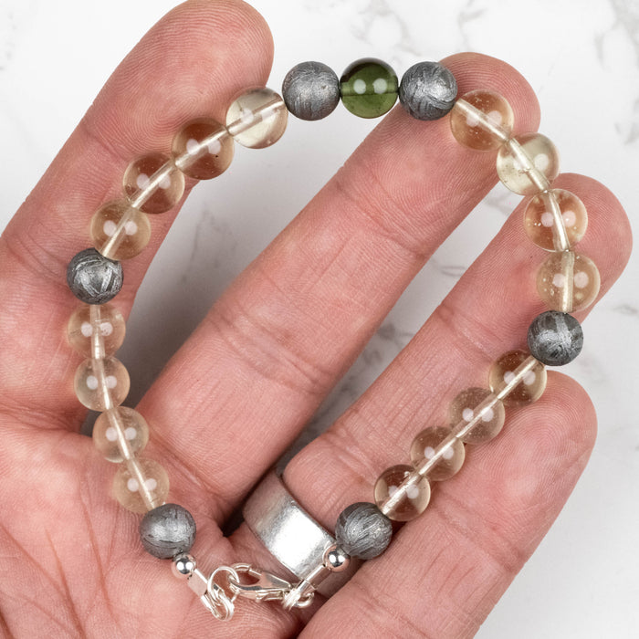 Moldavite + Meteorite + Libyan Desert Glass Bead Bracelet 9" .925 Silver