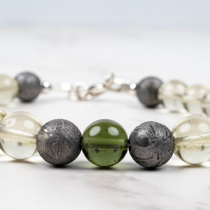 Moldavite + Meteorite + Libyan Desert Glass Bead Bracelet 9" .925 Silver