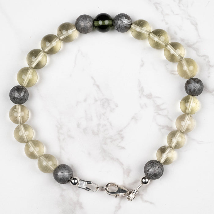 Moldavite + Meteorite + Libyan Desert Glass Bead Bracelet 9" .925 Silver