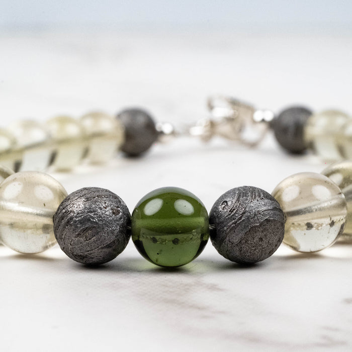 Moldavite + Meteorite + Libyan Desert Glass Bead Bracelet 9" .925 Silver