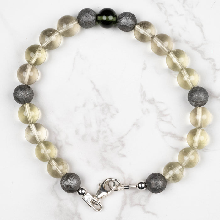 Moldavite + Meteorite + Libyan Desert Glass Bead Bracelet 9" .925 Silver