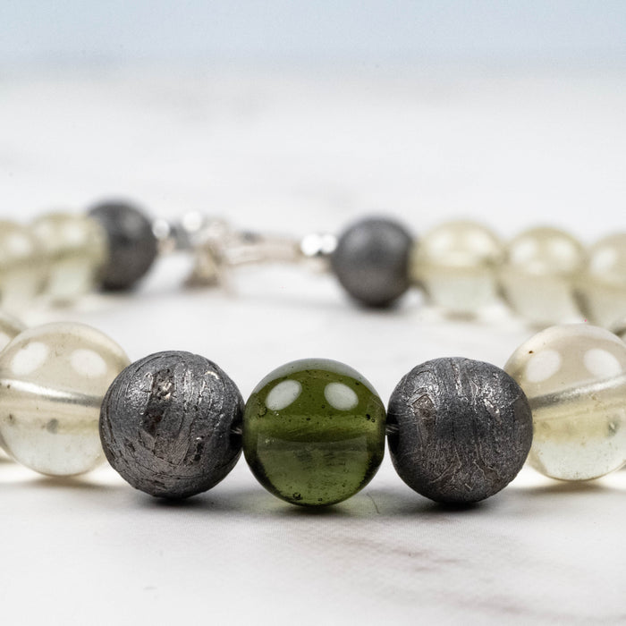 Moldavite + Meteorite + Libyan Desert Glass Bead Bracelet 9" .925 Silver