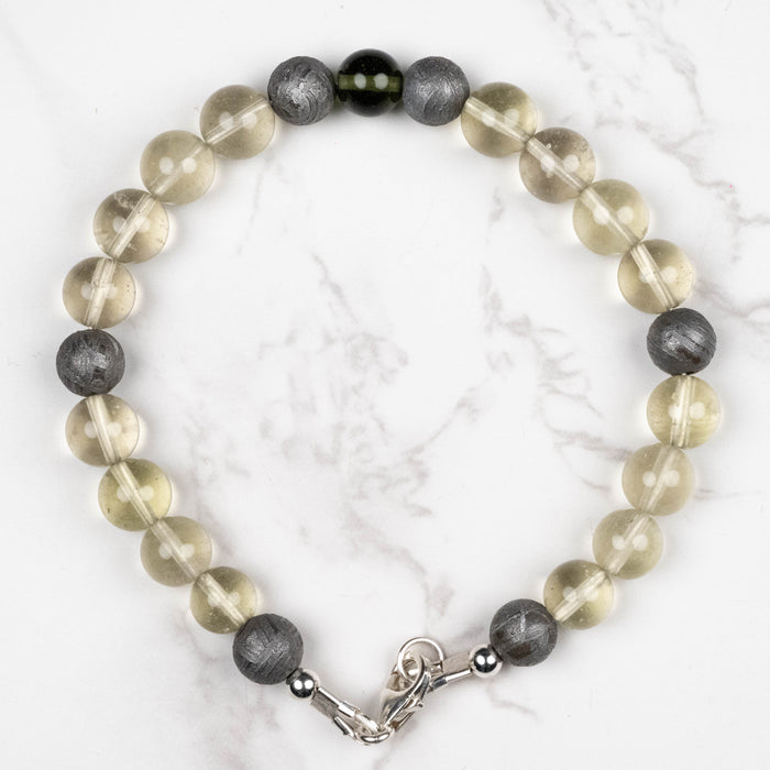 Moldavite + Meteorite + Libyan Desert Glass Bead Bracelet 9" .925 Silver