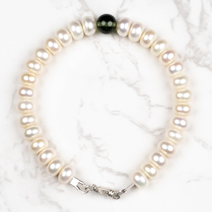 Pearl + Moldavite Bead Bracelet 8" .925 Silver