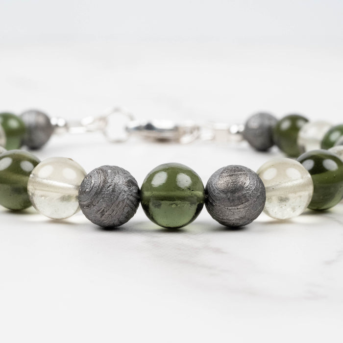 Moldavite + Meteorite + Libyan Desert Glass Bead Bracelet 8" .925 Silver