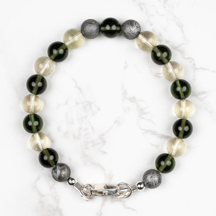 Moldavite + Meteorite + Libyan Desert Glass Bead Bracelet 8" .925 Silver