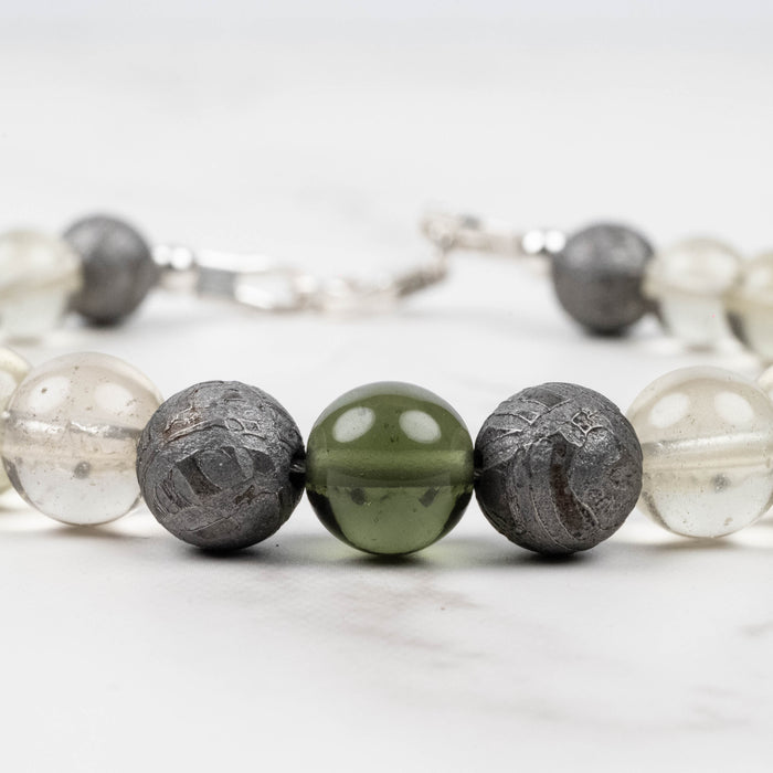 Moldavite + Meteorite + Libyan Desert Glass Bead Bracelet 8.5" .925 Silver
