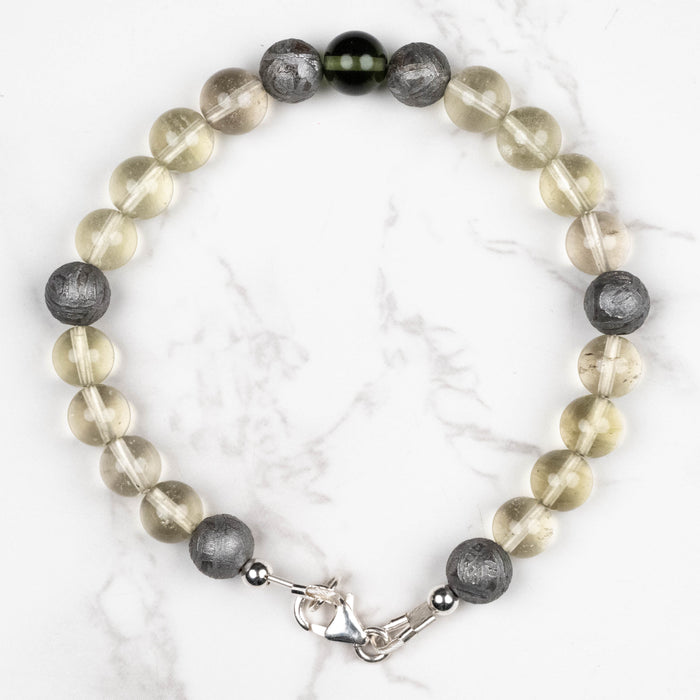 Moldavite + Meteorite + Libyan Desert Glass Bead Bracelet 8.5" .925 Silver
