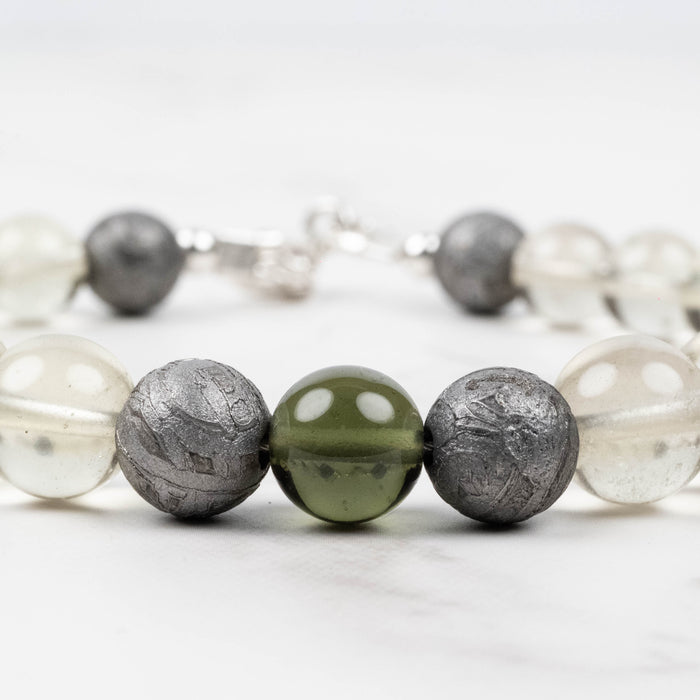 Moldavite + Meteorite + Libyan Desert Glass Bead Bracelet 9" .925 Silver