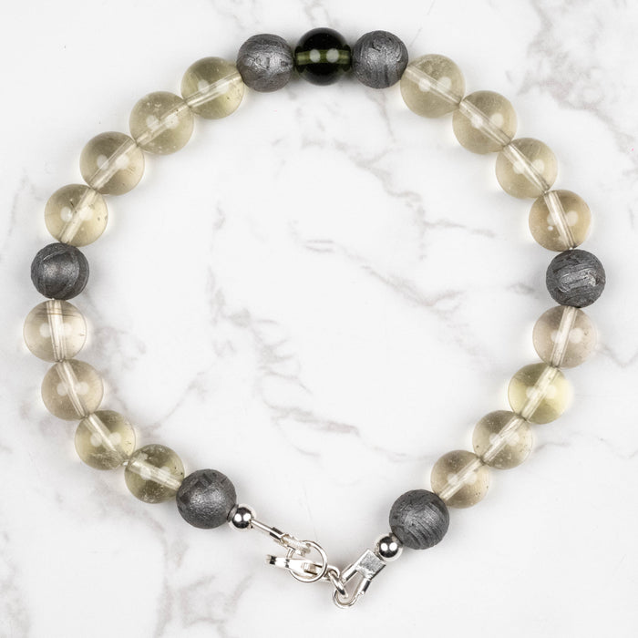 Moldavite + Meteorite + Libyan Desert Glass Bead Bracelet 9" .925 Silver