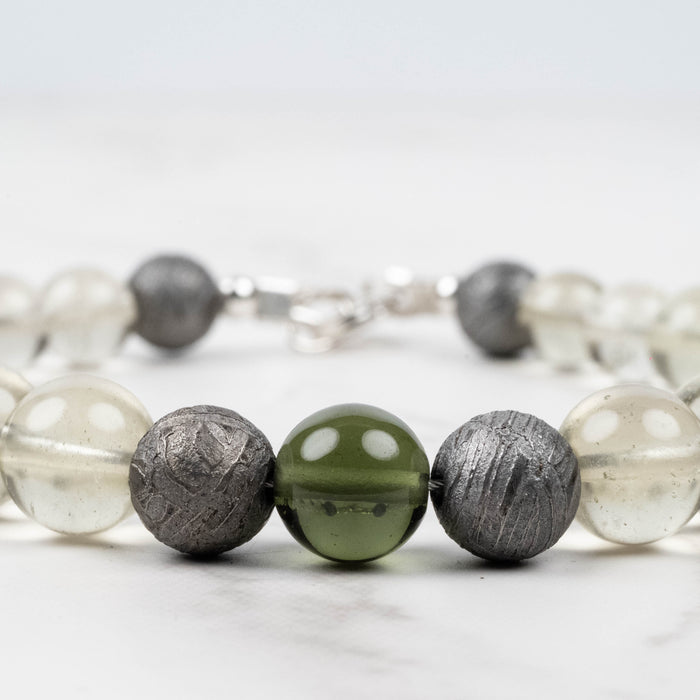 Moldavite + Meteorite + Libyan Desert Glass Bead Bracelet 9" .925 Silver