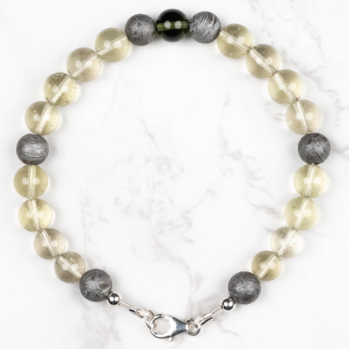 Moldavite + Meteorite + Libyan Desert Glass Bead Bracelet 9" .925 Silver