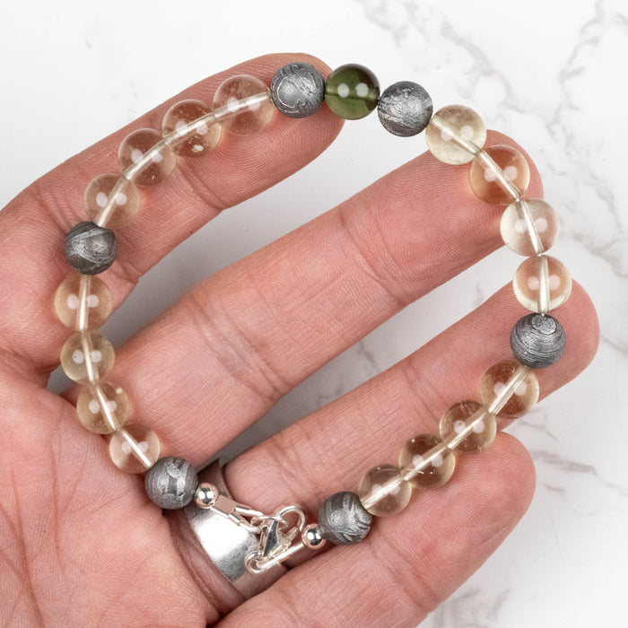 Moldavite + Meteorite + Libyan Desert Glass Bead Bracelet 9" .925 Silver